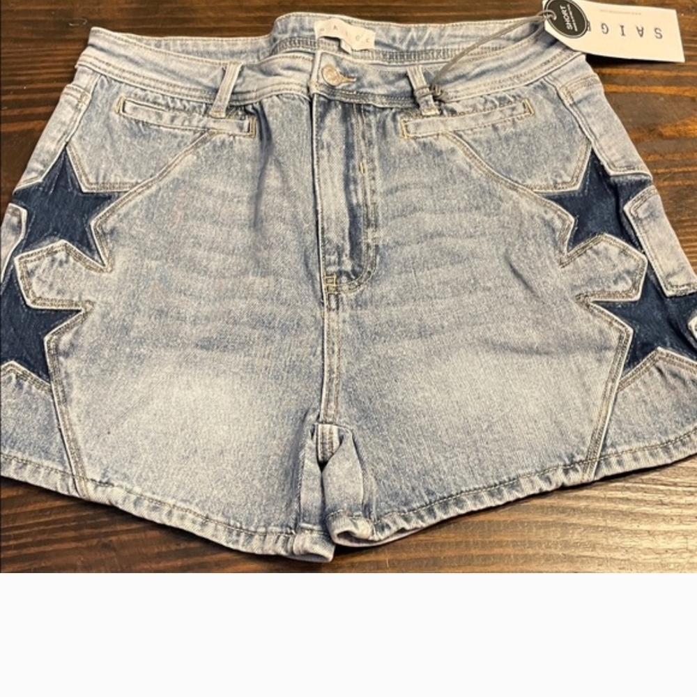 High-Rise Light Blue Denim Shorts with Navy Star Details
